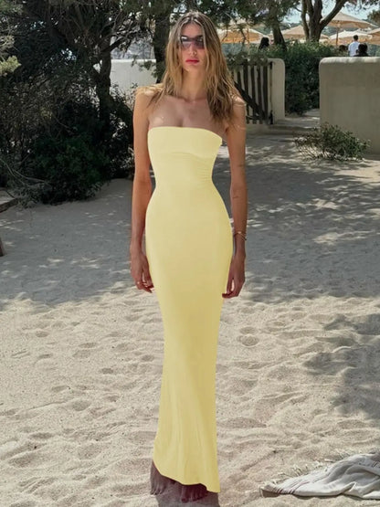 Women'S Solid Backless Lace-Up Tie-Back Bodycon Dress, Elegant Fashion Maxi Tube Dress for Parties, Clubs and Dates, Ladies Strapless Prom Dress for Summer