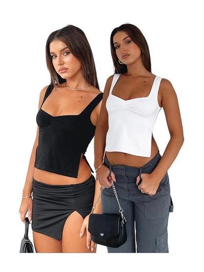 Women'S Plain Sweetheart Neck Ruched Split Crop Knitting Camisole, Summer Clothes Women, Casual Fashion Backless Fitted Top for Date Daily Wear, Ladies Clothes