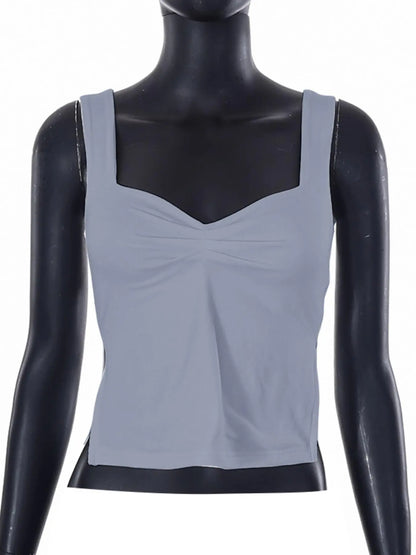 Women'S Plain Sweetheart Neck Ruched Split Crop Knitting Camisole, Summer Clothes Women, Casual Fashion Backless Fitted Top for Date Daily Wear, Ladies Clothes