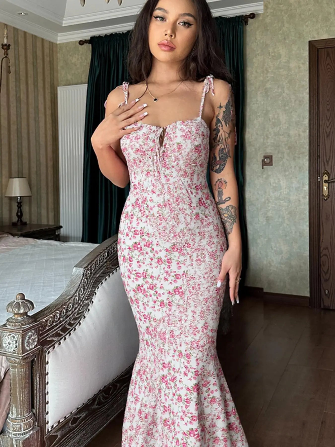Women'S Ditsy Floral Print Backless Tie Shoulder Knitting Mermaid Dress, Elegant Tie Front Maxi Cami Bodycon Dress for Holiday Party, Summer Clothes Women, Summer Dresses for Women