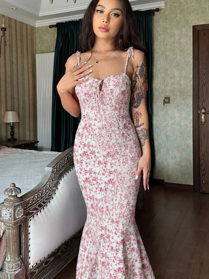 Women'S Ditsy Floral Print Backless Tie Shoulder Knitting Mermaid Dress, Elegant Tie Front Maxi Cami Bodycon Dress for Holiday Party, Summer Clothes Women, Summer Dresses for Women
