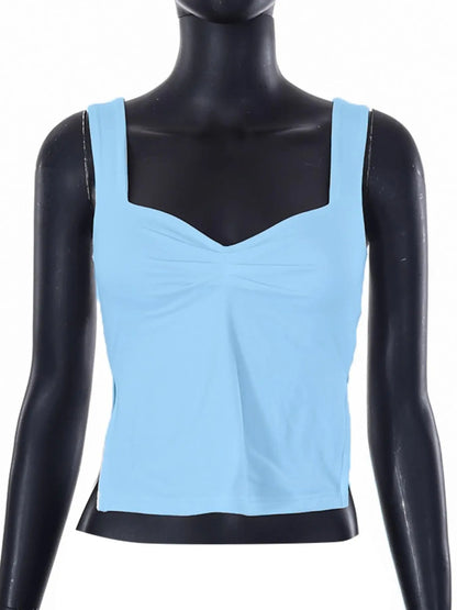 Women'S Plain Sweetheart Neck Ruched Split Crop Knitting Camisole, Summer Clothes Women, Casual Fashion Backless Fitted Top for Date Daily Wear, Ladies Clothes