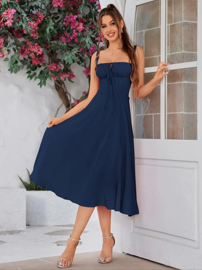Parthea Women'S Plain Ruched Boning Corset Milkmaid Dress, Lace up Dress, Party Dress, Split Thigh Dress, Tie Front Dress, Elegant Square Neck Midi Dress, Dresses for Women, Frenchy Style Non Bodycon Dress Christmas, Formal Dresses