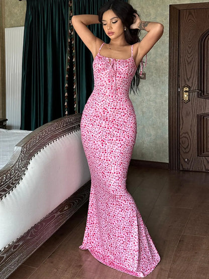 Women'S Ditsy Floral Print Backless Tie Shoulder Knitting Mermaid Dress, Elegant Tie Front Maxi Cami Bodycon Dress for Holiday Party, Summer Clothes Women, Summer Dresses for Women