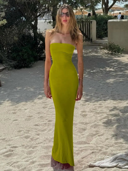 Women'S Solid Backless Lace-Up Tie-Back Bodycon Dress, Elegant Fashion Maxi Tube Dress for Parties, Clubs and Dates, Ladies Strapless Prom Dress for Summer