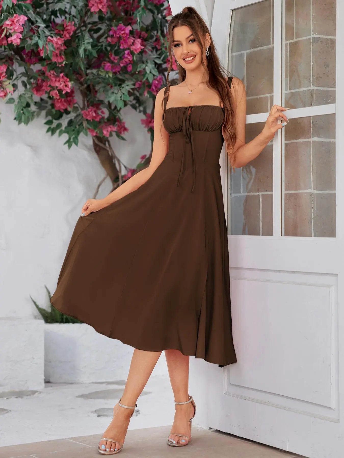 Parthea Women'S Plain Ruched Boning Corset Milkmaid Dress, Lace up Dress, Party Dress, Split Thigh Dress, Tie Front Dress, Elegant Square Neck Midi Dress, Dresses for Women, Frenchy Style Non Bodycon Dress Christmas, Formal Dresses
