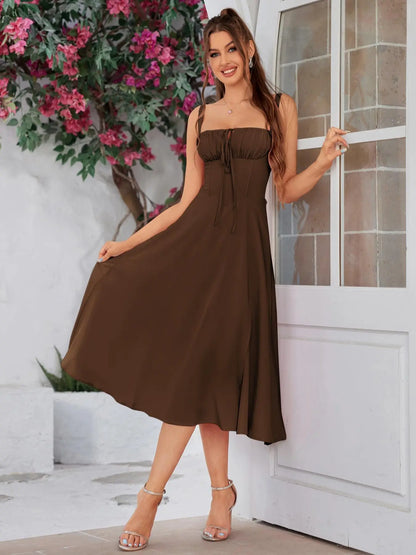 Parthea Women'S Plain Ruched Boning Corset Milkmaid Dress, Lace up Dress, Party Dress, Split Thigh Dress, Tie Front Dress, Elegant Square Neck Midi Dress, Dresses for Women, Frenchy Style Non Bodycon Dress Christmas, Formal Dresses