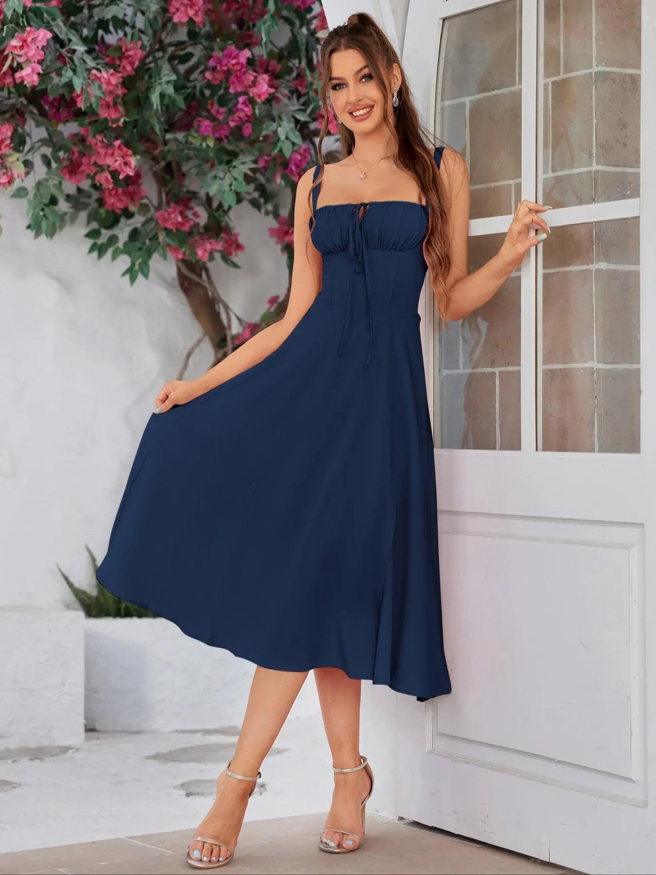 Parthea Women'S Plain Ruched Boning Corset Milkmaid Dress, Lace up Dress, Party Dress, Split Thigh Dress, Tie Front Dress, Elegant Square Neck Midi Dress, Dresses for Women, Frenchy Style Non Bodycon Dress Christmas, Formal Dresses