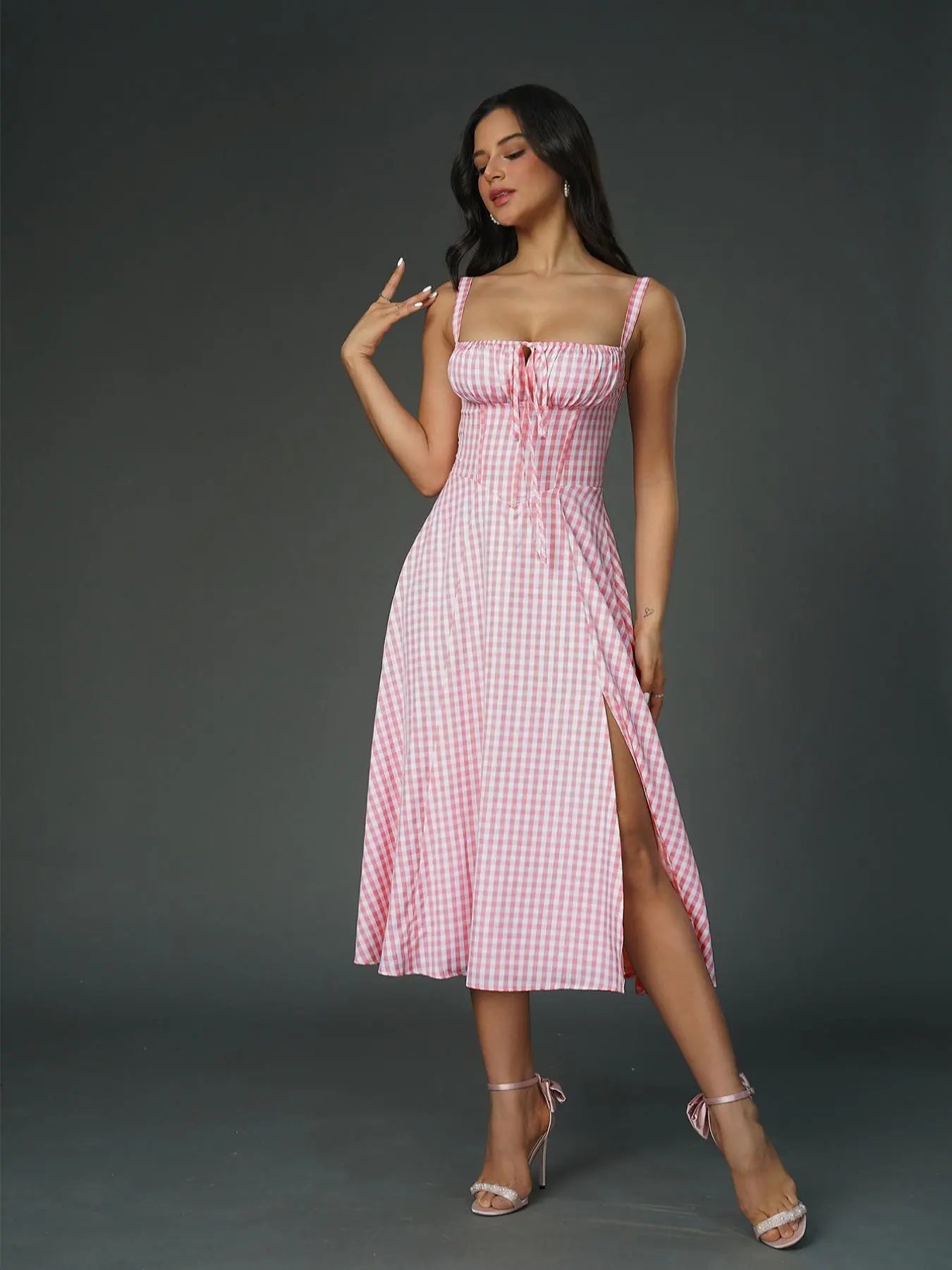 Parthea Women'S Plain Ruched Boning Corset Milkmaid Dress, Lace up Dress, Party Dress, Split Thigh Dress, Tie Front Dress, Elegant Square Neck Midi Dress, Dresses for Women, Frenchy Style Non Bodycon Dress Christmas, Formal Dresses