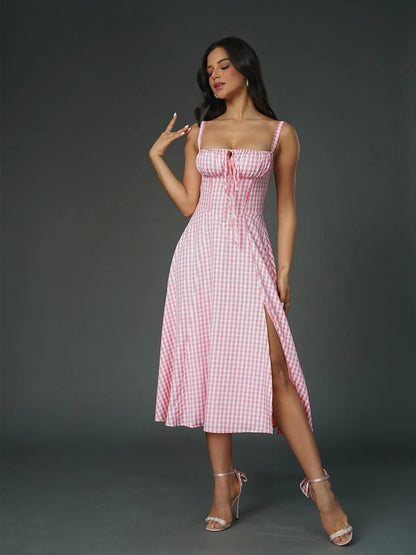 Parthea Women'S Plain Ruched Boning Corset Milkmaid Dress, Lace up Dress, Party Dress, Split Thigh Dress, Tie Front Dress, Elegant Square Neck Midi Dress, Dresses for Women, Frenchy Style Non Bodycon Dress Christmas, Formal Dresses