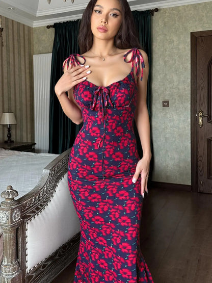 Women'S Ditsy Floral Print Backless Tie Shoulder Knitting Mermaid Dress, Elegant Tie Front Maxi Cami Bodycon Dress for Holiday Party, Summer Clothes Women, Summer Dresses for Women