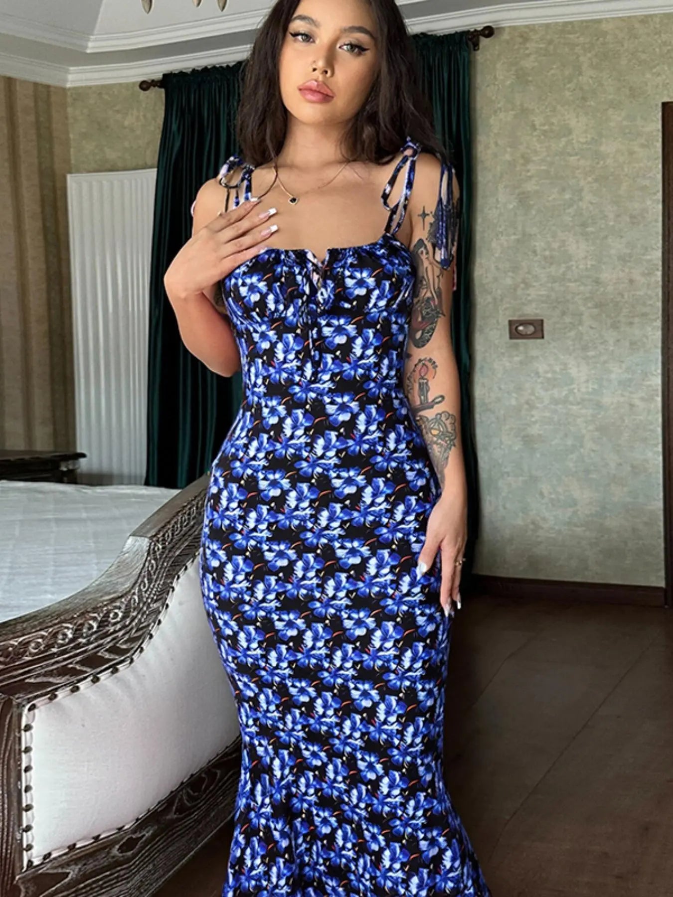 Women'S Ditsy Floral Print Backless Tie Shoulder Knitting Mermaid Dress, Elegant Tie Front Maxi Cami Bodycon Dress for Holiday Party, Summer Clothes Women, Summer Dresses for Women