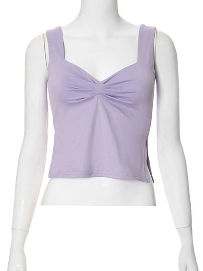 Women'S Plain Sweetheart Neck Ruched Split Crop Knitting Camisole, Summer Clothes Women, Casual Fashion Backless Fitted Top for Date Daily Wear, Ladies Clothes