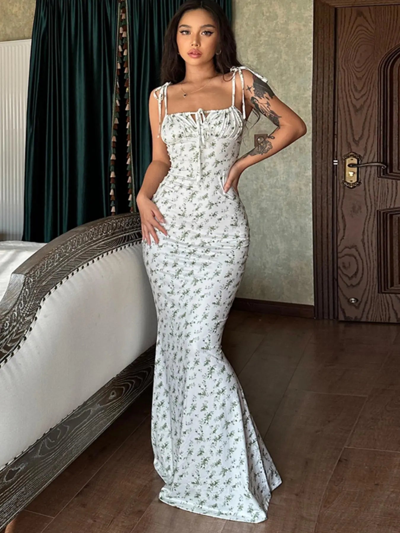 Women'S Ditsy Floral Print Backless Tie Shoulder Knitting Mermaid Dress, Elegant Tie Front Maxi Cami Bodycon Dress for Holiday Party, Summer Clothes Women, Summer Dresses for Women