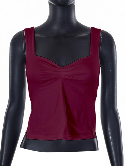 Women'S Plain Sweetheart Neck Ruched Split Crop Knitting Camisole, Summer Clothes Women, Casual Fashion Backless Fitted Top for Date Daily Wear, Ladies Clothes