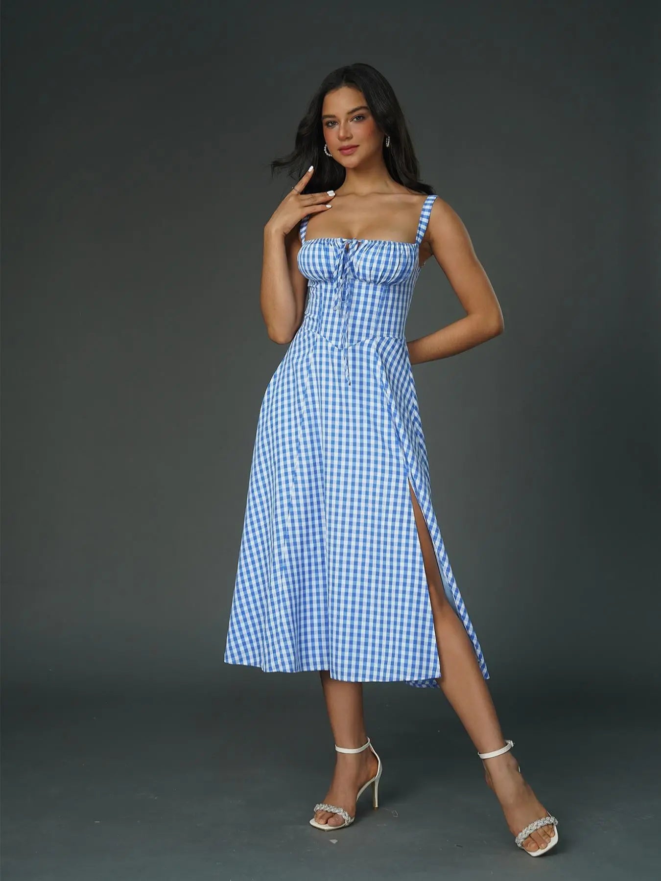 Parthea Women'S Plain Ruched Boning Corset Milkmaid Dress, Lace up Dress, Party Dress, Split Thigh Dress, Tie Front Dress, Elegant Square Neck Midi Dress, Dresses for Women, Frenchy Style Non Bodycon Dress Christmas, Formal Dresses