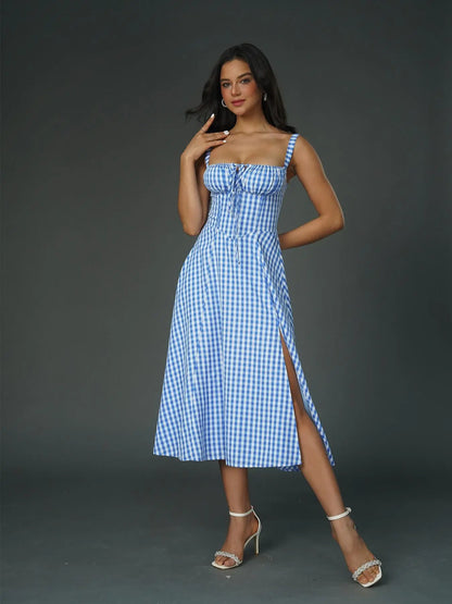 Parthea Women'S Plain Ruched Boning Corset Milkmaid Dress, Lace up Dress, Party Dress, Split Thigh Dress, Tie Front Dress, Elegant Square Neck Midi Dress, Dresses for Women, Frenchy Style Non Bodycon Dress Christmas, Formal Dresses
