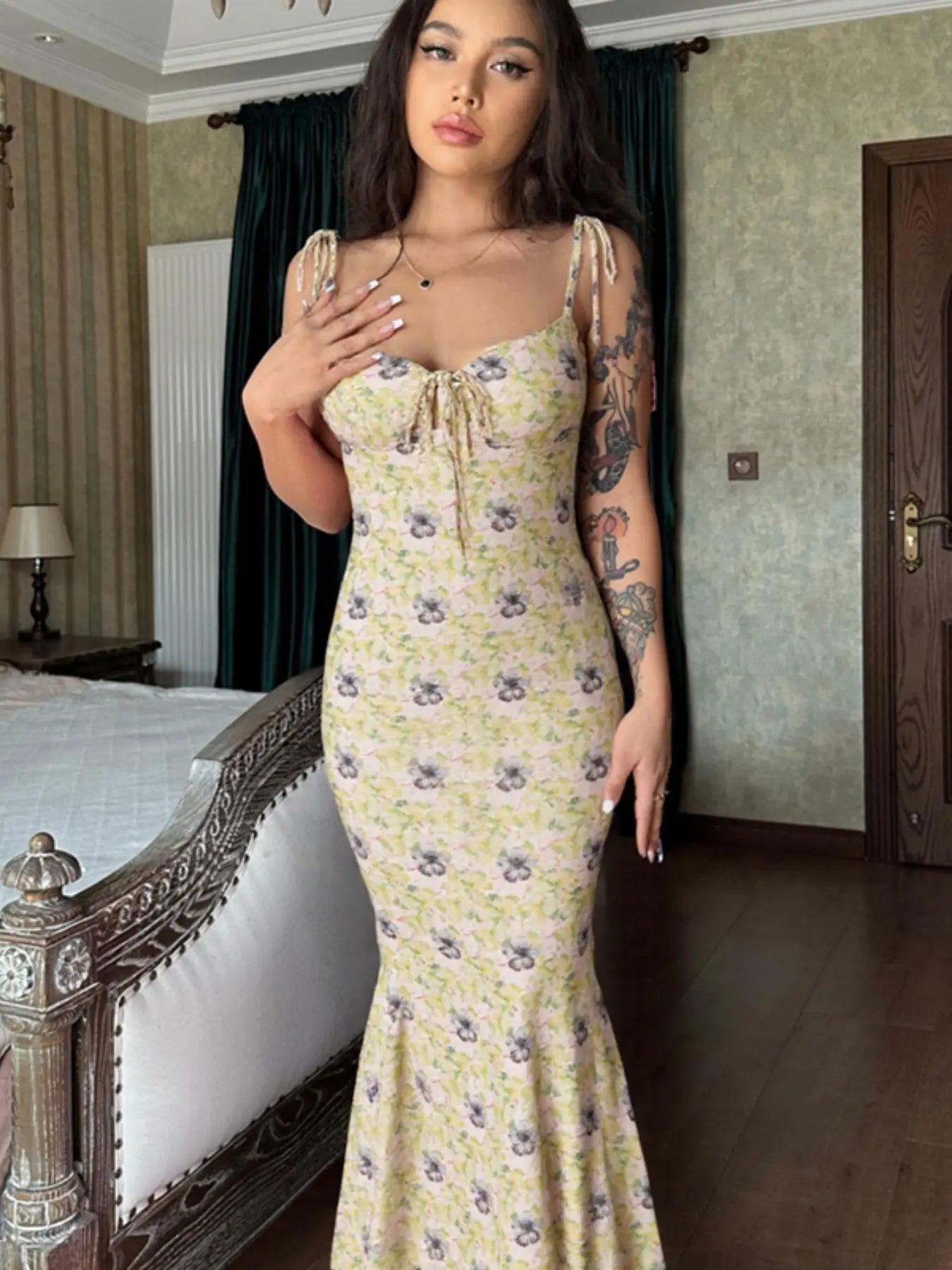 Women'S Ditsy Floral Print Backless Tie Shoulder Knitting Mermaid Dress, Elegant Tie Front Maxi Cami Bodycon Dress for Holiday Party, Summer Clothes Women, Summer Dresses for Women