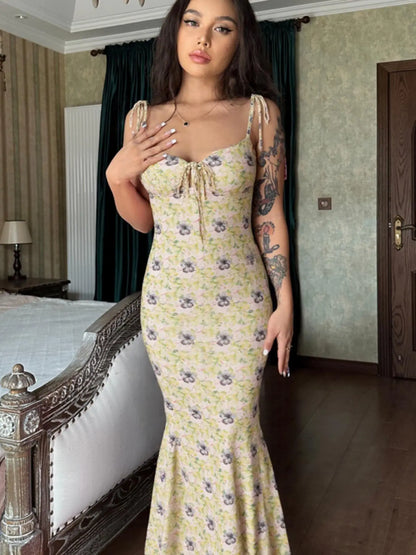 Women'S Ditsy Floral Print Backless Tie Shoulder Knitting Mermaid Dress, Elegant Tie Front Maxi Cami Bodycon Dress for Holiday Party, Summer Clothes Women, Summer Dresses for Women
