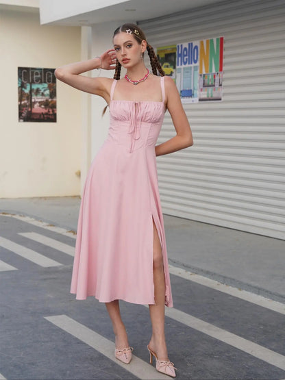 Parthea Women'S Plain Ruched Boning Corset Milkmaid Dress, Lace up Dress, Party Dress, Split Thigh Dress, Tie Front Dress, Elegant Square Neck Midi Dress, Dresses for Women, Frenchy Style Non Bodycon Dress Christmas, Formal Dresses
